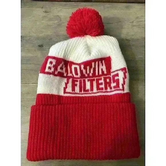 Vintage BALDWIN FILTERS Beanie / Stocking Winter Hat RED AND WHITE L@@k - Picture 1 of 2